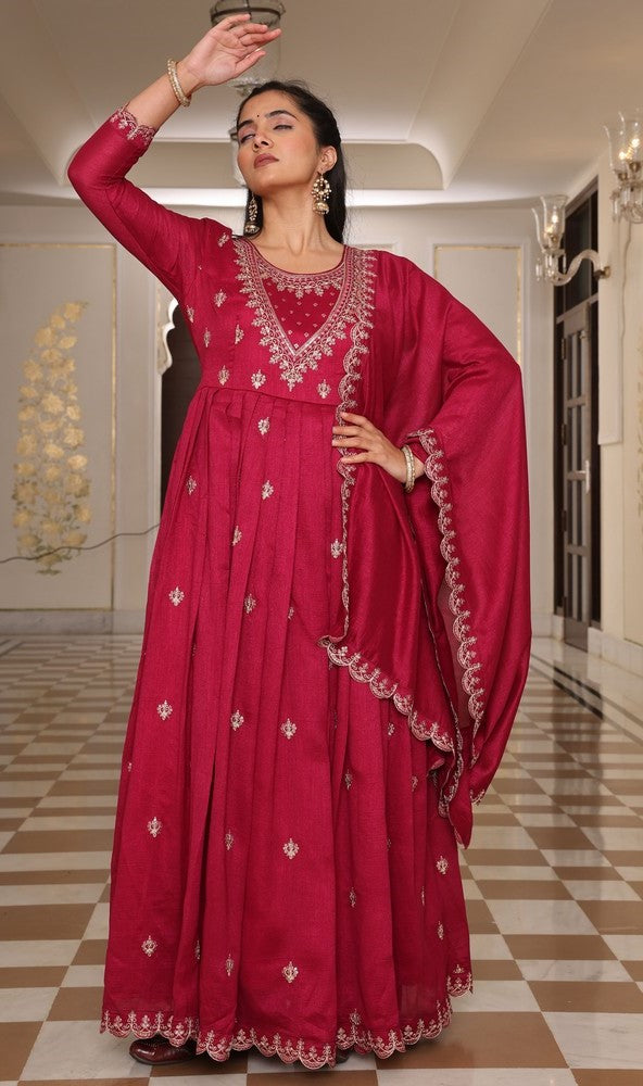 Gorgeous Maroon Color Silk Fabric Designer Suit