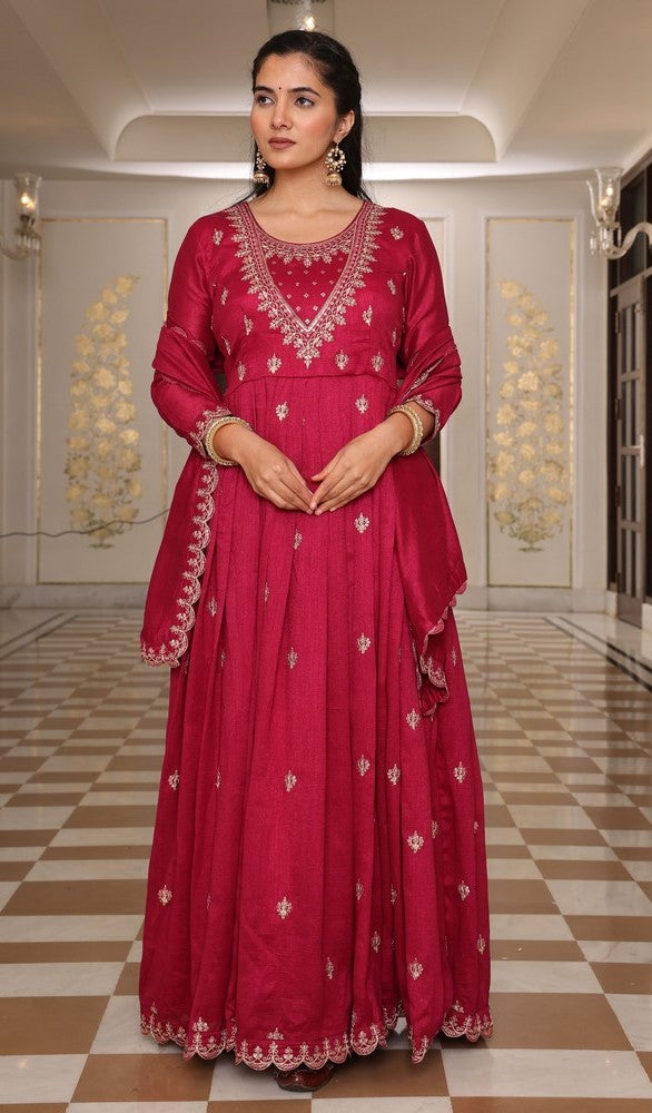 Gorgeous Maroon Color Silk Fabric Designer Suit