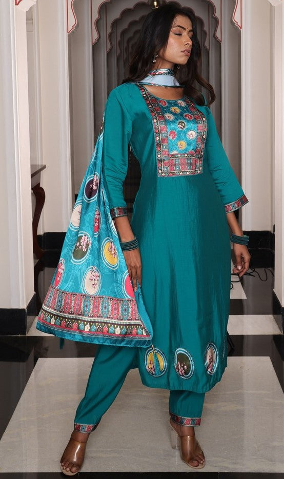 Gorgeous Teal Color Shimmer Fabric Designer Suit