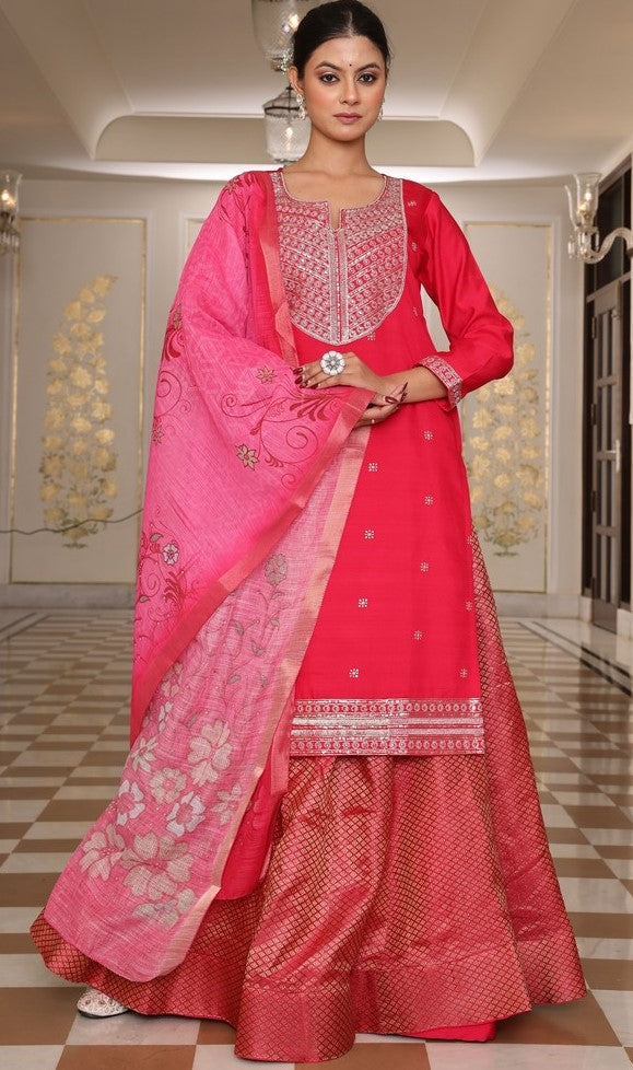 Gorgeous Coral Color Silk Fabric Designer Suit