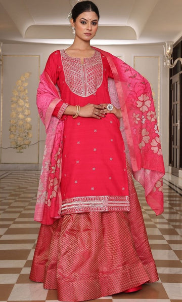 Gorgeous Coral Color Silk Fabric Designer Suit