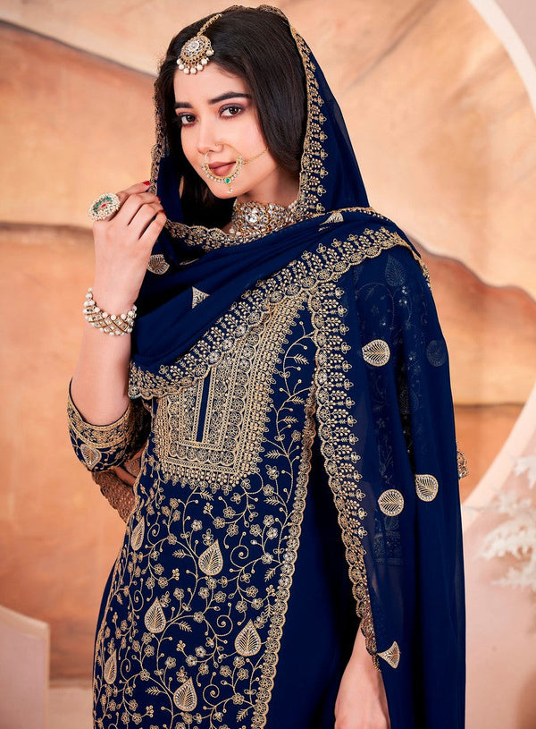 Amazing Blue Color Georgette Fabric Plazzo Suit