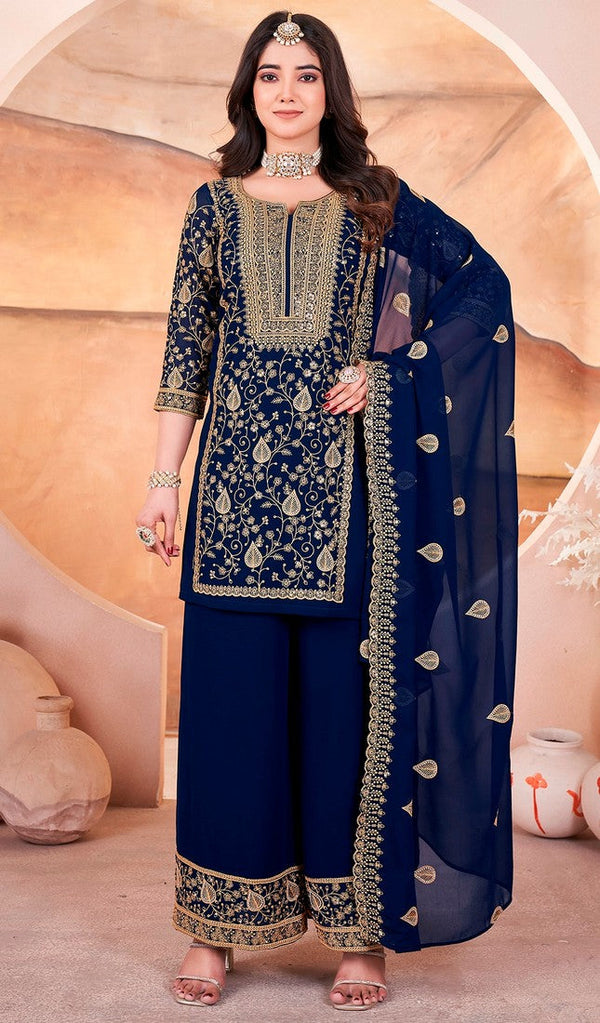 Amazing Blue Color Georgette Fabric Plazzo Suit