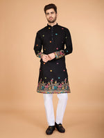 Attractive Black Color Silk Fabric Mens Kurta