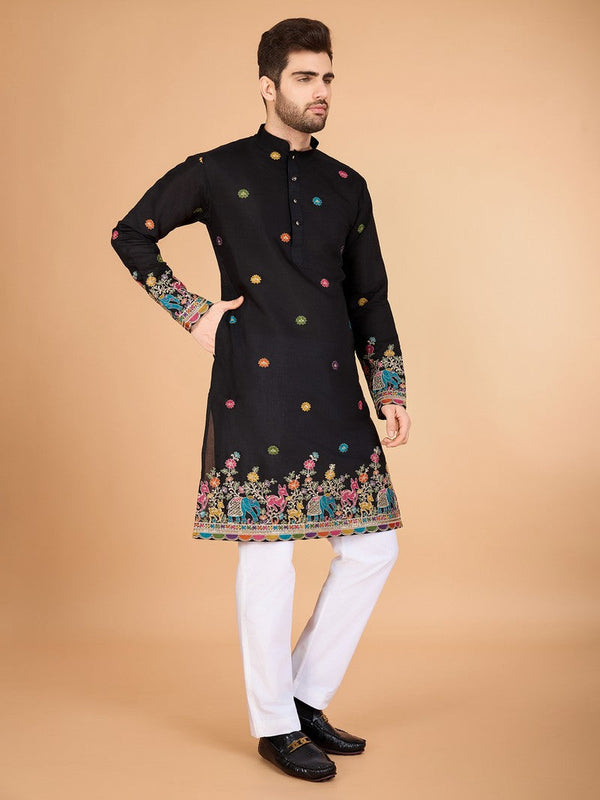 Attractive Black Color Silk Fabric Mens Kurta