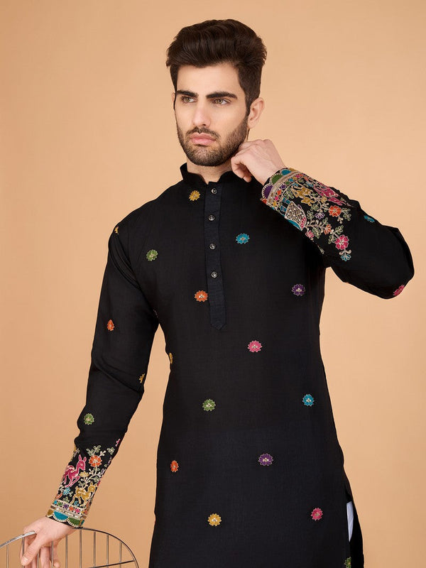 Attractive Black Color Silk Fabric Mens Kurta