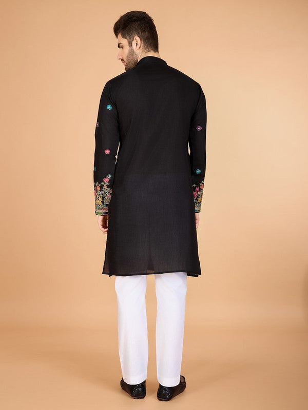 Attractive Black Color Silk Fabric Mens Kurta