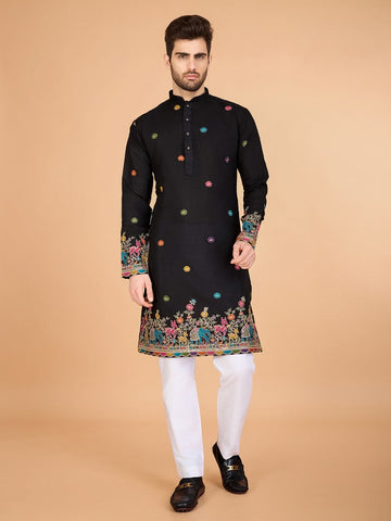 Attractive Black Color Silk Fabric Mens Kurta