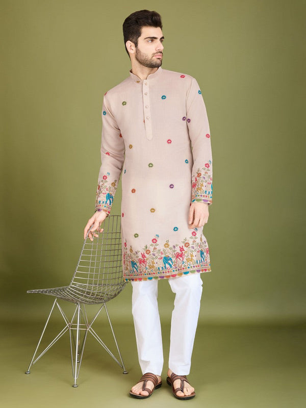 Attractive Beige Color Silk Fabric Mens Kurta