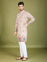 Attractive Beige Color Silk Fabric Mens Kurta