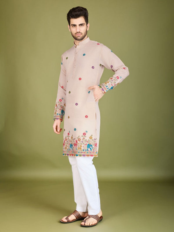 Attractive Beige Color Silk Fabric Mens Kurta