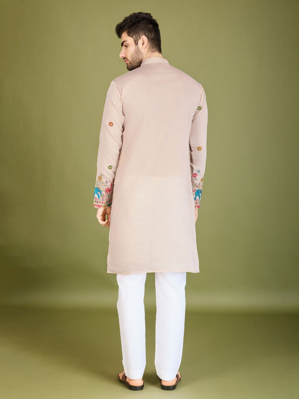 Attractive Beige Color Silk Fabric Mens Kurta