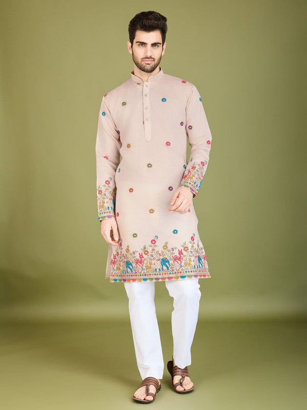 Attractive Beige Color Silk Fabric Mens Kurta