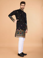 Attractive Black Color Silk Fabric Mens Kurta