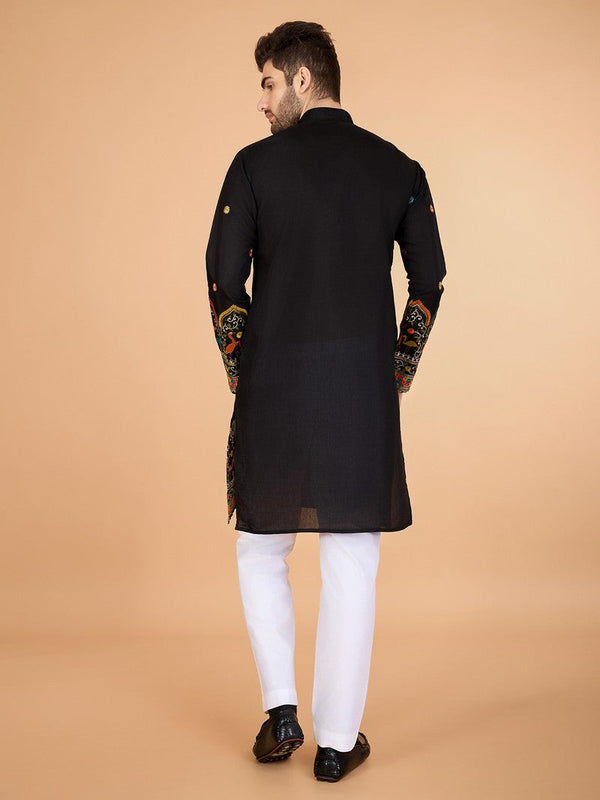 Attractive Black Color Silk Fabric Mens Kurta