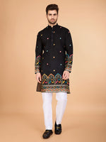 Attractive Black Color Silk Fabric Mens Kurta