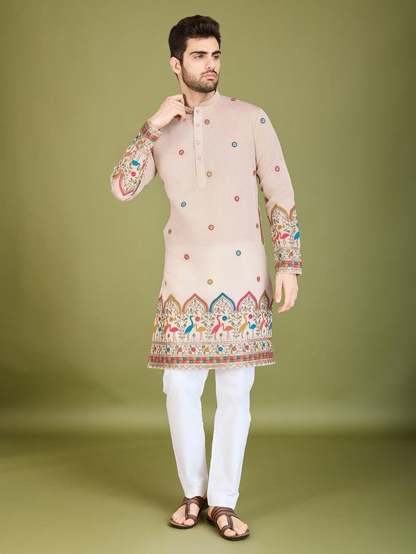 Attractive Beige Color Silk Fabric Mens Kurta