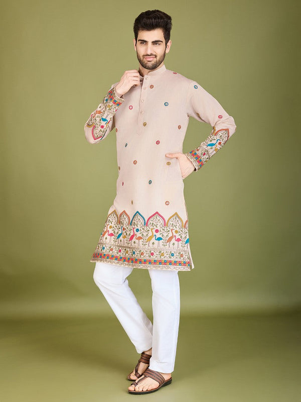 Attractive Beige Color Silk Fabric Mens Kurta