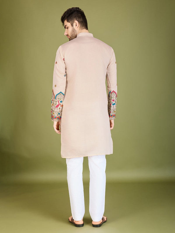 Attractive Beige Color Silk Fabric Mens Kurta