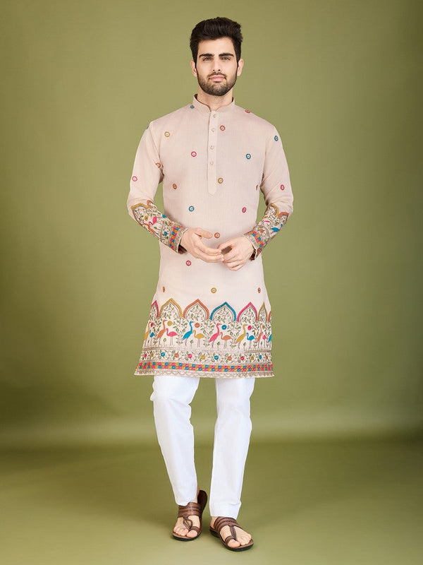 Attractive Beige Color Silk Fabric Mens Kurta