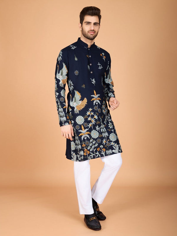 Attractive Navy Blue Color Viscose Fabric Mens Kurta