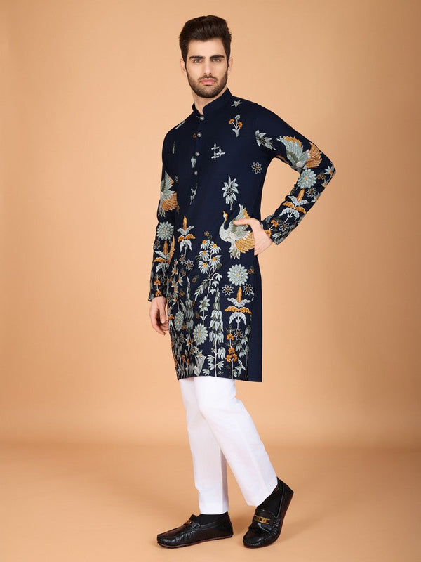 Attractive Navy Blue Color Viscose Fabric Mens Kurta