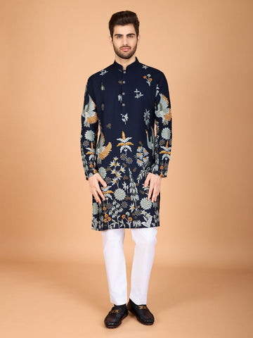 Attractive Navy Blue Color Viscose Fabric Mens Kurta