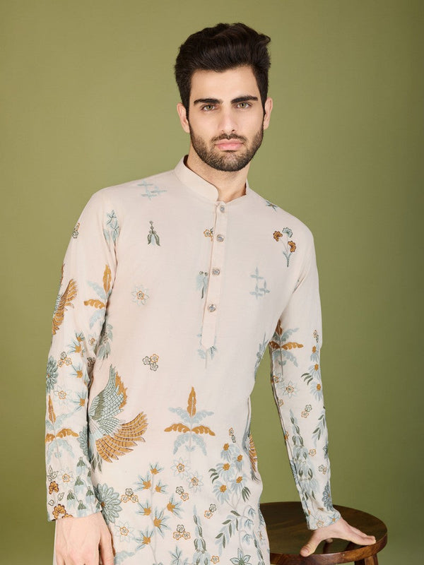 Attractive Cream Color Viscose Fabric Mens Kurta