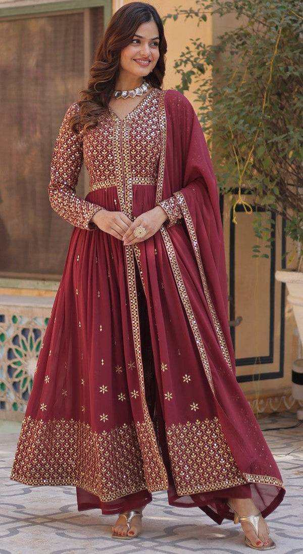 Divine Maroon Color Georgette Fabric Plazzo Suits