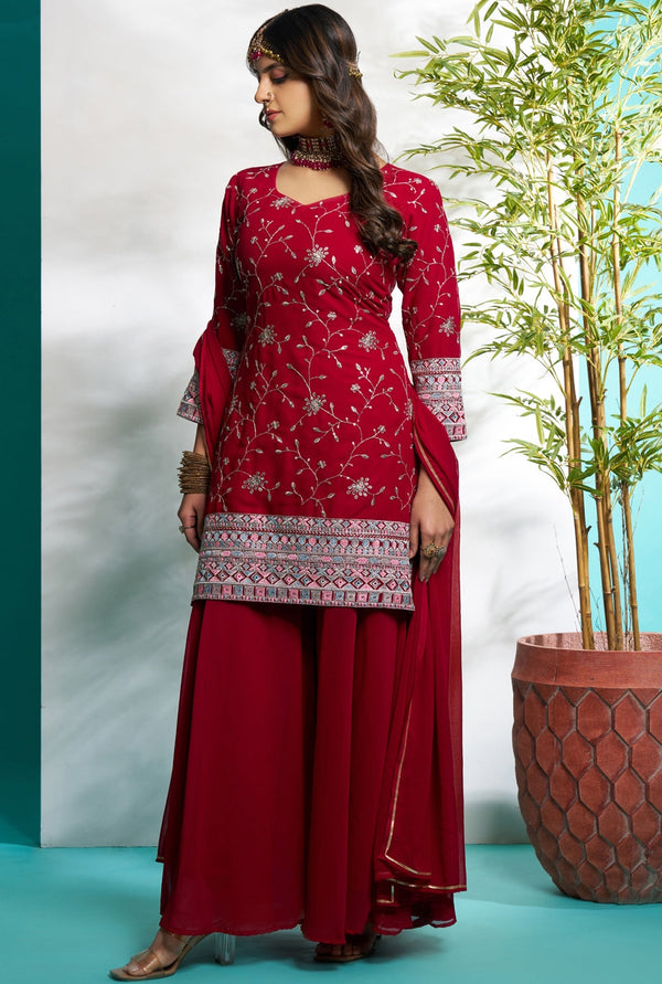 Gorgeous Maroon Color Georgette Fabric Plazzo Suit