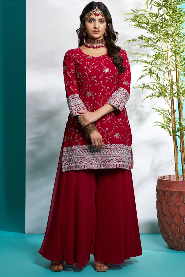 Gorgeous Maroon Color Georgette Fabric Plazzo Suit