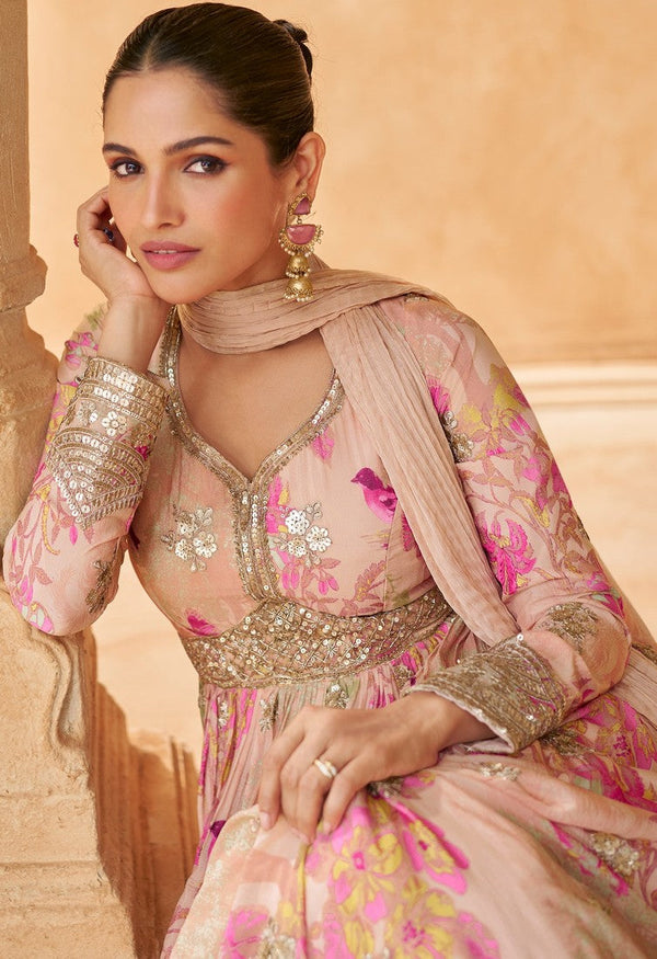 Gorgeous Peach Color Chinon Fabric Partywear Suits