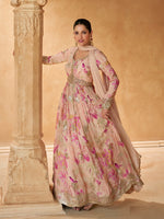 Gorgeous Peach Color Chinon Fabric Partywear Suits