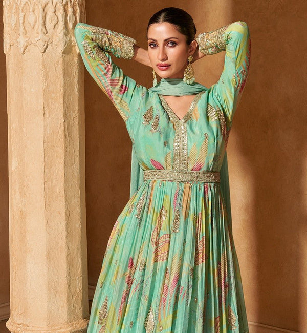 Gorgeous Green Color Chinon Fabric Partywear Suits