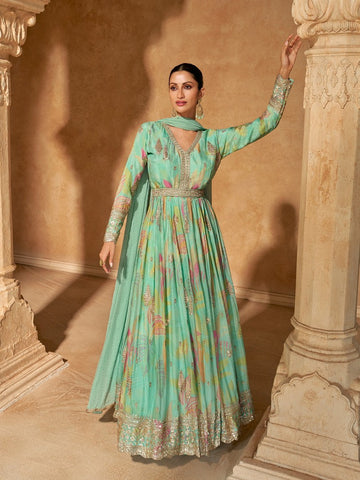 Gorgeous Green Color Chinon Fabric Partywear Suits