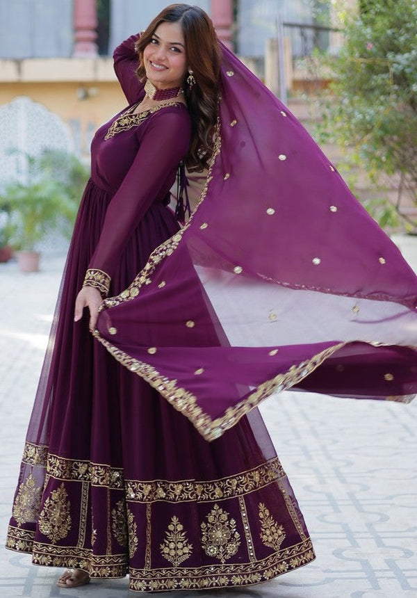 Striking Wine Color Georgette Fabric Gown