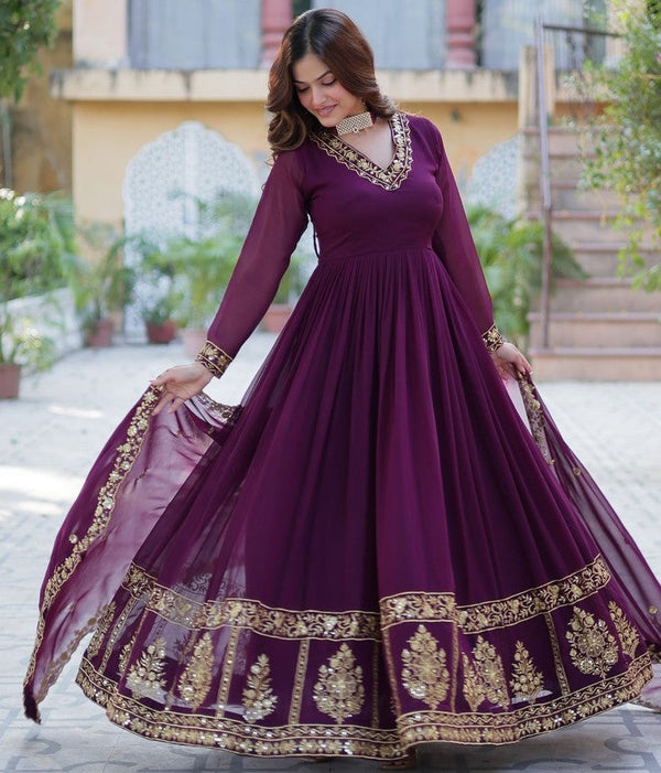 Striking Wine Color Georgette Fabric Gown