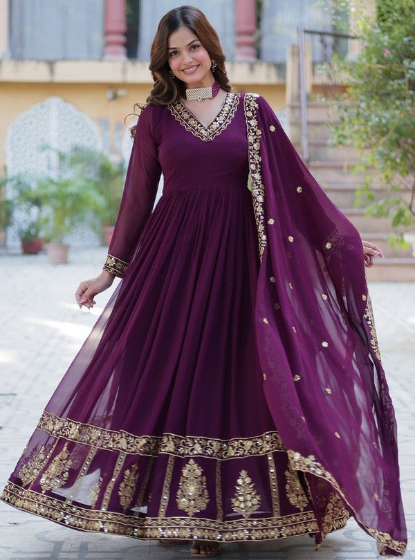 Striking Wine Color Georgette Fabric Gown