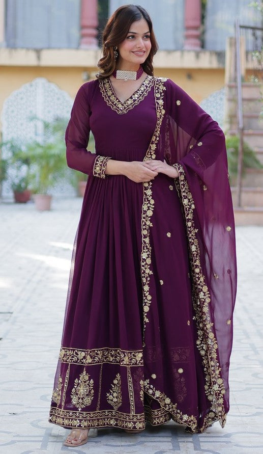 Striking Wine Color Georgette Fabric Gown