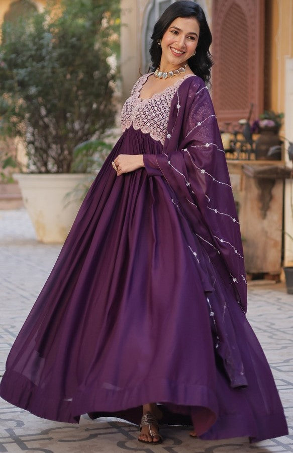 Dazzling Wine Color Georgette Fabric Gown