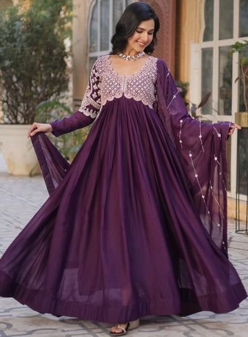 Dazzling Wine Color Georgette Fabric Gown