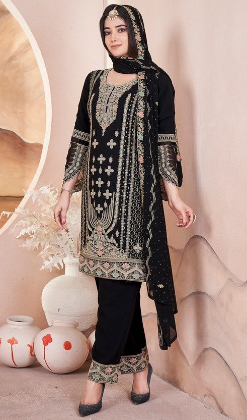 Dazzling Black Color Georgette Fabric Partywear Suit