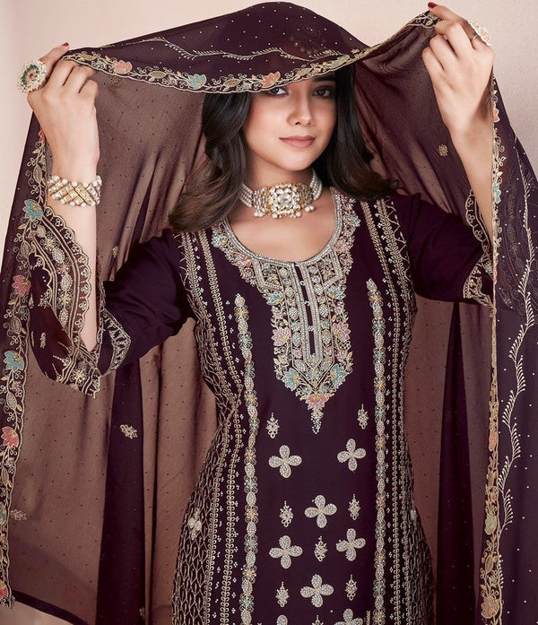 Dazzling Brown Color Georgette Fabric Partywear Suit