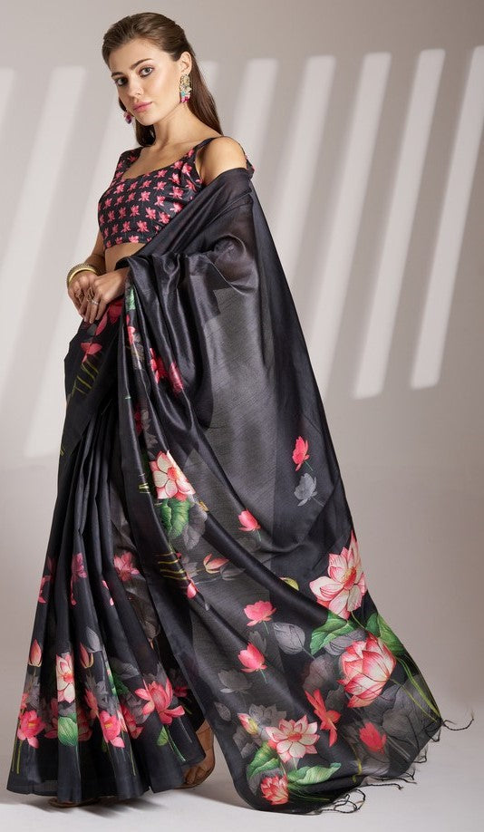 Lovely Black Color Linen Fabric Casual Saree