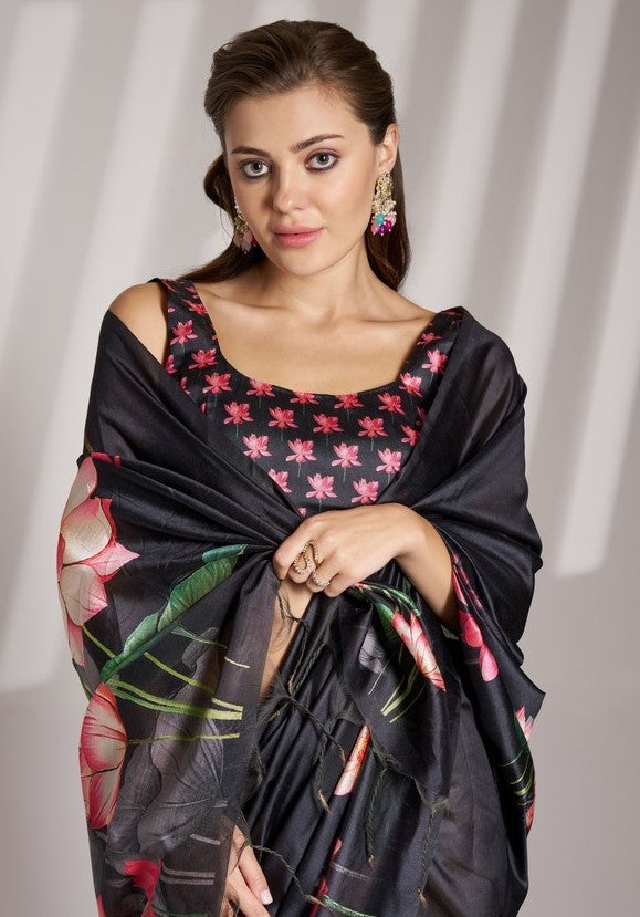 Lovely Black Color Linen Fabric Casual Saree