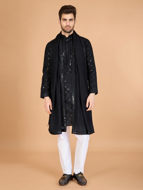 Beauteous Black Color Viscose Fabric Mens Kurta