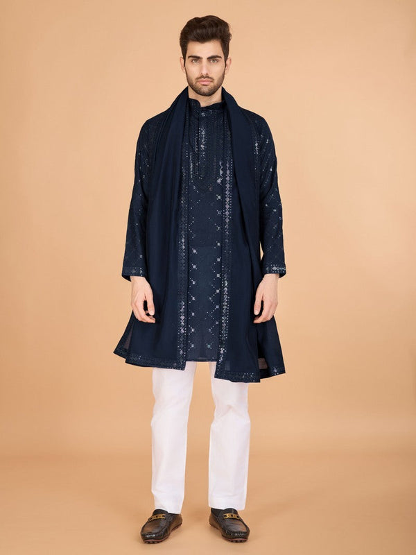 Beauteous Navy Blue Color Viscose Fabric Mens Kurta