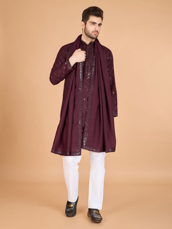 Beauteous Maroon Color Viscose Fabric Mens Kurta