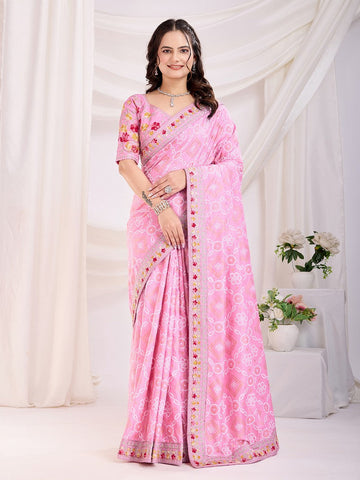 Beauteous Pink Color Vichitra Fabric Designer Saree