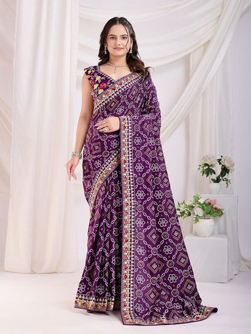 Beauteous Voilet Color Vichitra Fabric Designer Saree